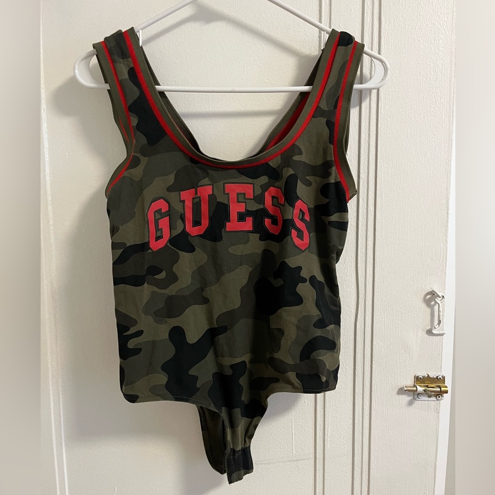 Guess Olive & Black Camo Bodysuit with Red Trim